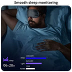 Man lying in bed with a sleep mask on, showing sleep monitoring interface.