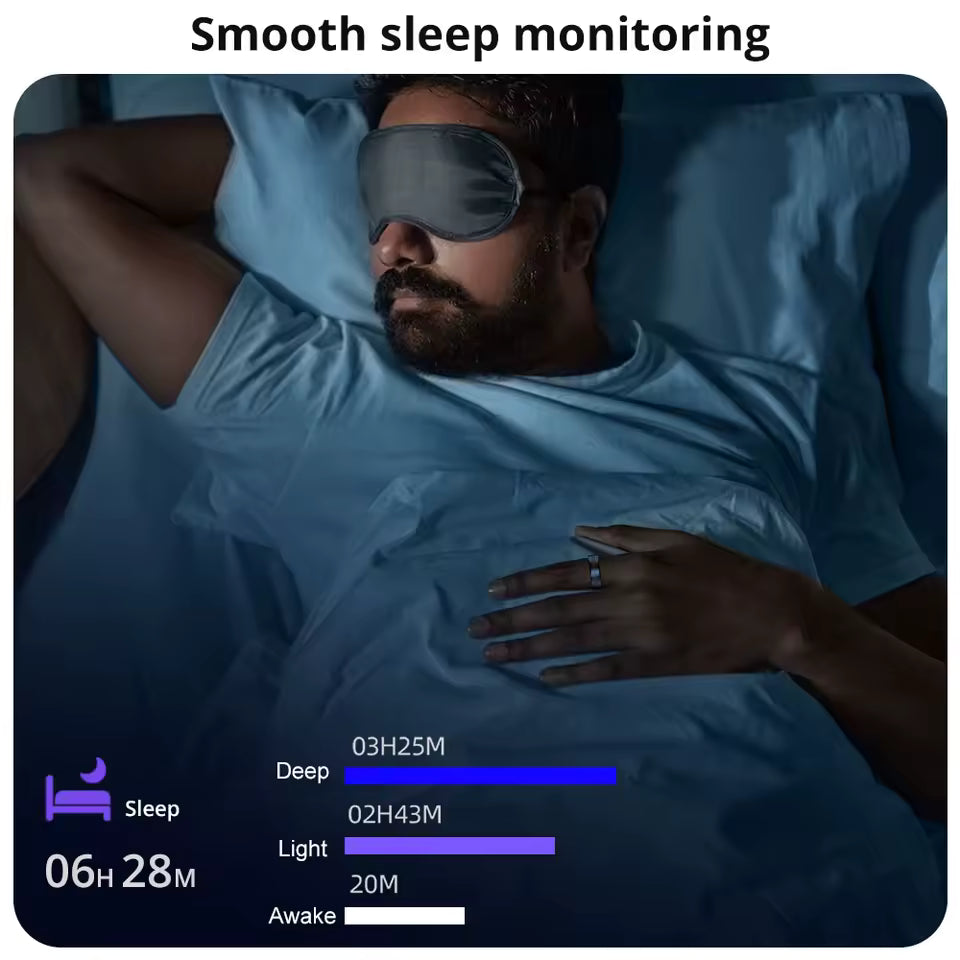 Man lying in bed with a sleep mask on, showing sleep monitoring interface.